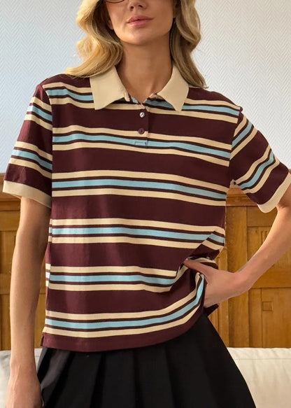 French Brown Peter Pan Collar Striped Cotton T Shirts Summer