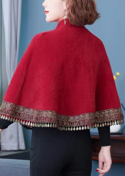 Wine Red Stand Collar Tasseled Button Patchwork Mink Velvet Coats Fall