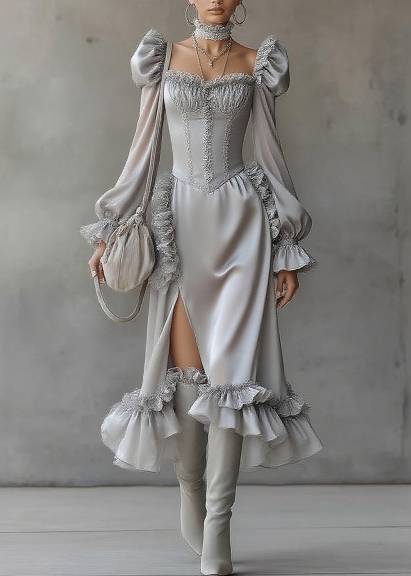 Fine Grey Ruffled Patchwork Chiffon Long Dresses Lantern Sleeve