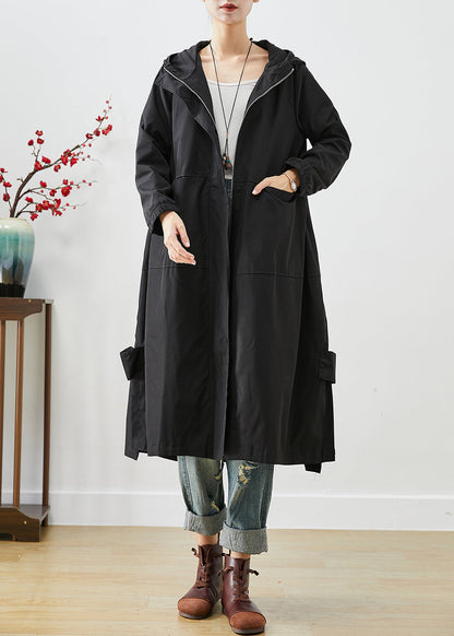 Black Hooded Patchwork Pockets Spandex Coat Outwear Fall