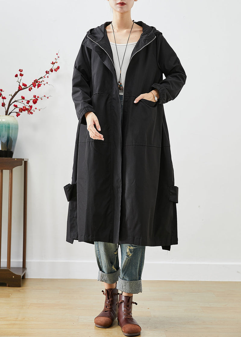Black Hooded Patchwork Pockets Spandex Coat Outwear Fall