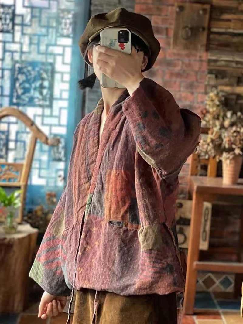 Winter Print Drawstring Linen Cotton Coat