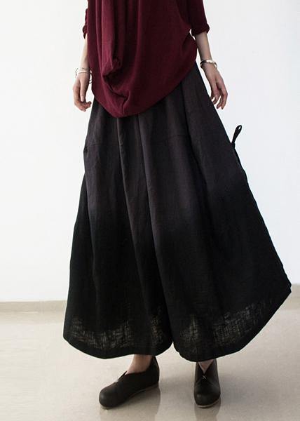 Black Retro Drawstring Folds Gradient Loose Large Size Wide Leg Pants Thick Cotton Linen Skirt Pants