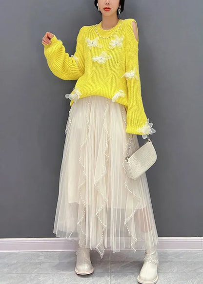 Yellow O-neck Knit Top and Tulle Maxi Skirts Two Pieces Set Fall