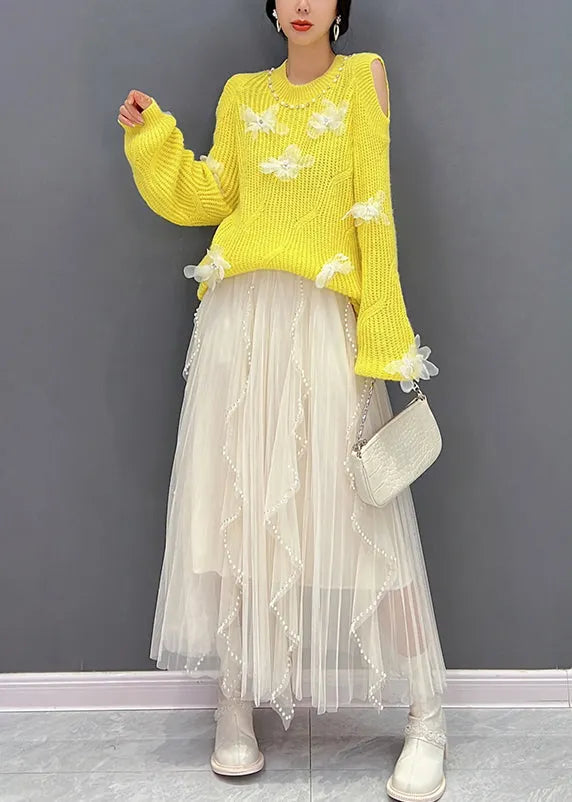 Yellow O-neck Knit Top and Tulle Maxi Skirts Two Pieces Set Fall