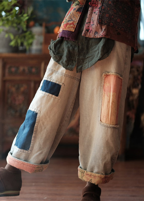 Photo Color Pockets Patchwork Thick Denim Crop Pants Spring