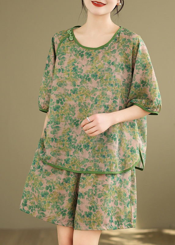 Green Side Open T Shirt and Shorts Two Pieces Set Short Sleeve