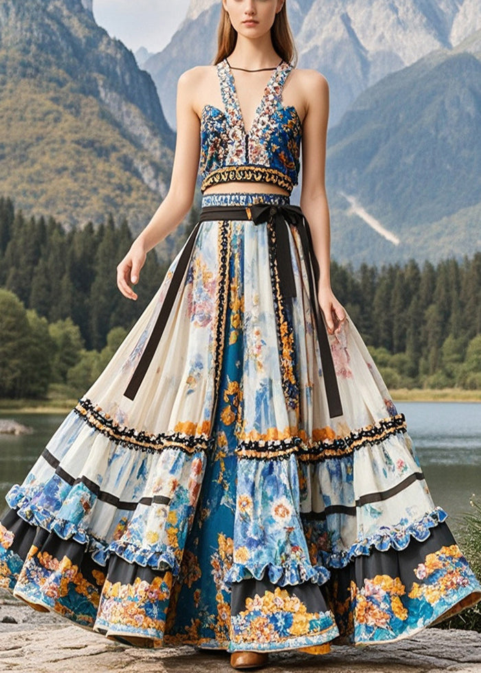 Apricot Ruffled Print Exra Large Hem Chiffon Skirts Fall