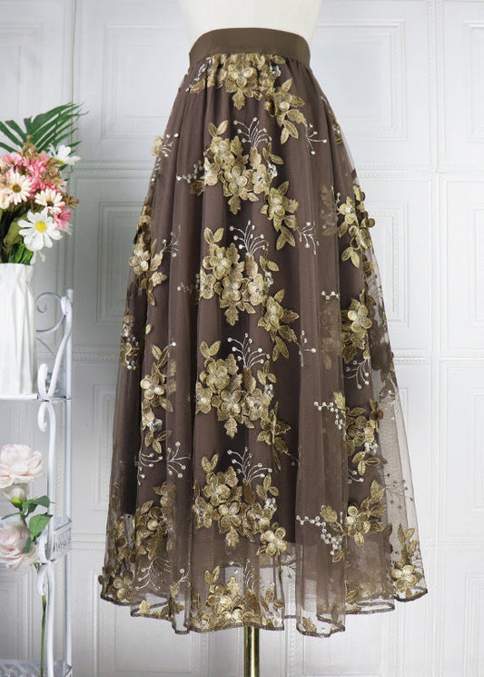 Chocolate Embroideried High Waist Tulle a Line Skirt Spring