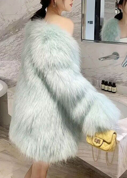 Vogue Light Green V Neck Button Leather and Fur Coat Winter