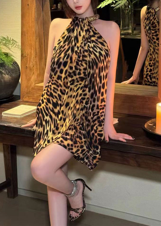 Leopard Cold Shoulder Original Design Cotton Mini Dress Sleeveless