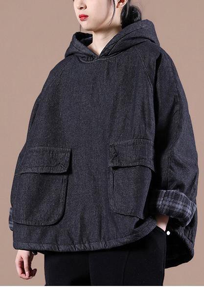 French Denim Blue Clothes for Hooded Pockets Oversized Tops