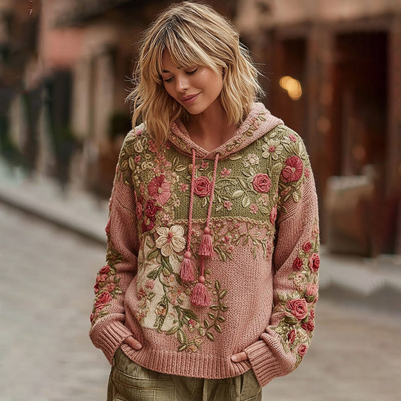 Women's Vintage Rose Floral Patchwork Cozy Knit Sweater Hooded elevenforest