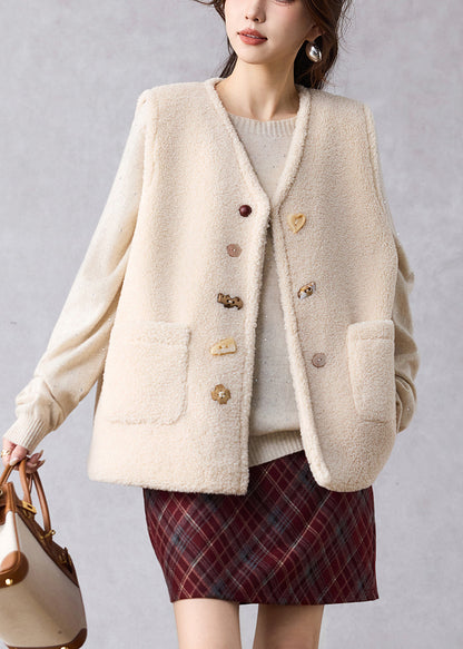 Beige Pockets Cozy Faux Fur Waistcoat Winter