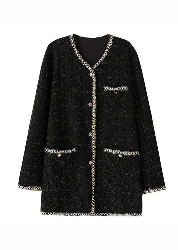 Handmade Black O-neck Pockets Plaid Patchwork Knit Coats Long Sleeve