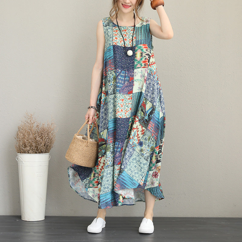 Baggy Patchwork Prints Linen Dresses Loose Fitting Sleeveless Traveling Clothing Big Hem Linen Caftans