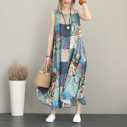 Baggy Patchwork Prints Linen Dresses Loose Fitting Sleeveless Traveling Clothing Big Hem Linen Caftans