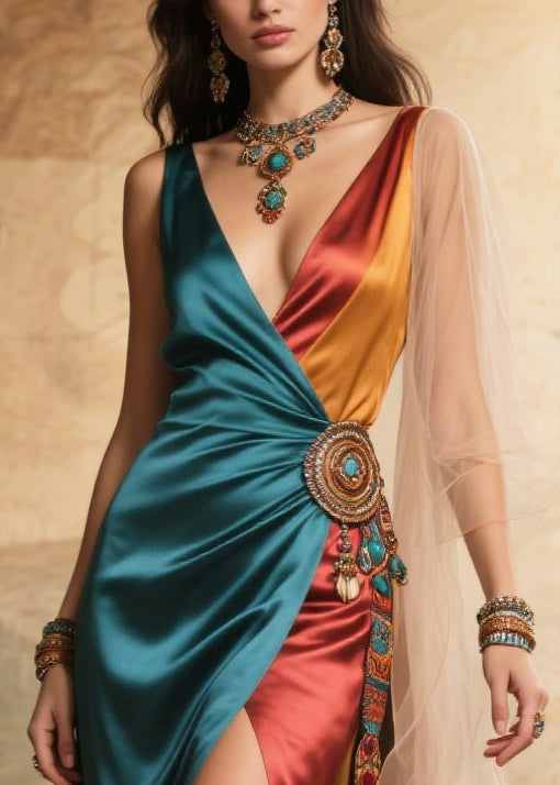 Asymmetrical Patchwork Tulle Side Open Silk Long Dress Summer