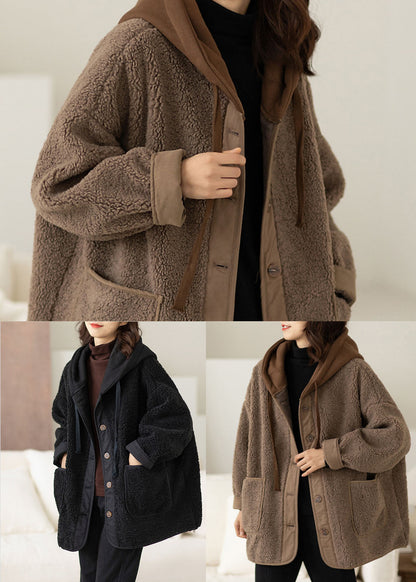 Coffee Fake Two Piece Fine Cotton Filled Teddy Faux Fur Jackets Hooded Drawstring Winter