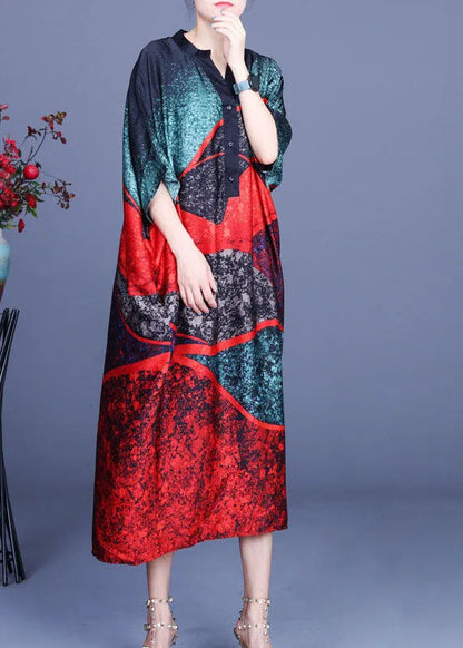Color Block Bat Wing Sleeve Print Silk Dress