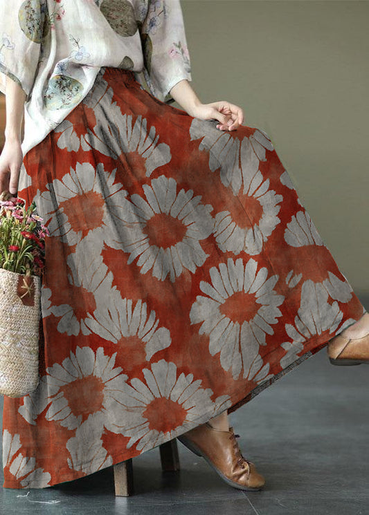 Orange Red Print Ramie Elastic Waist Skirt