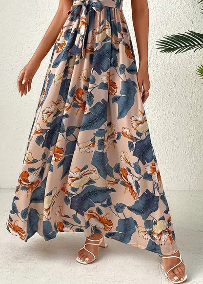 Blue Cold Shoulder Print Lace Up Cotton Dress Sleeveless