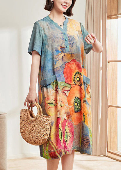 Blue Print Pockets Cotton Dresses Short Sleeve