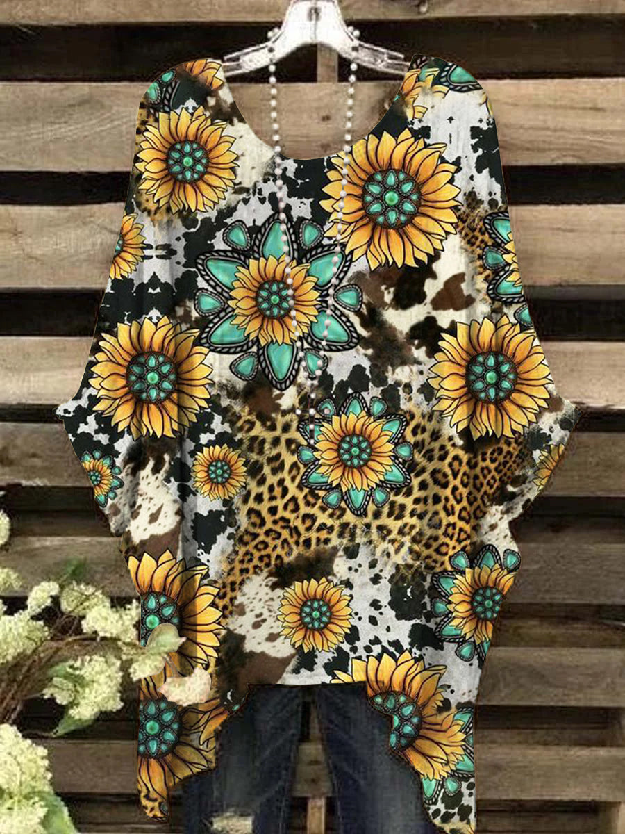 Women's Western Style Leopard Sunflower Print Irregular Top