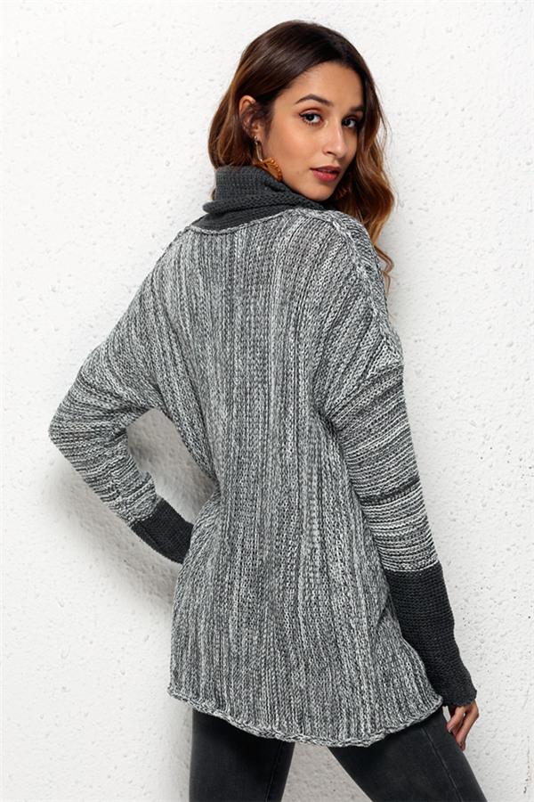 Spliced Turtleneck Loose Pullover Sweater - Black