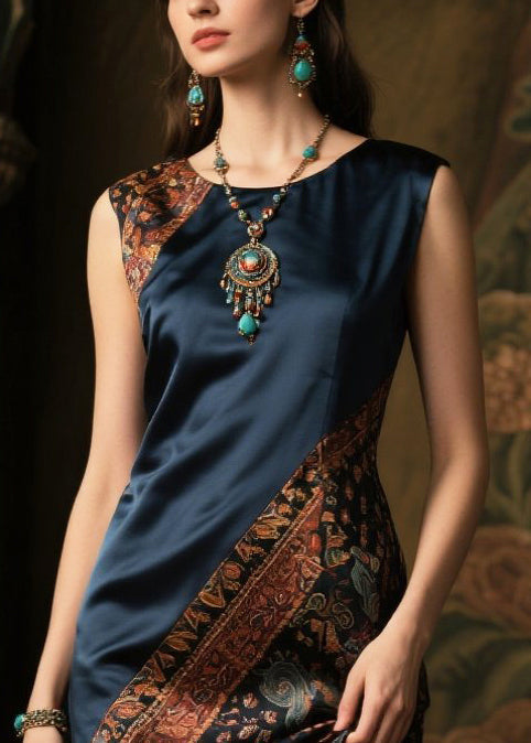 Diy Navy Asymmetrical Patchwork Silk Fake Two Piece Dresses Sleeveless