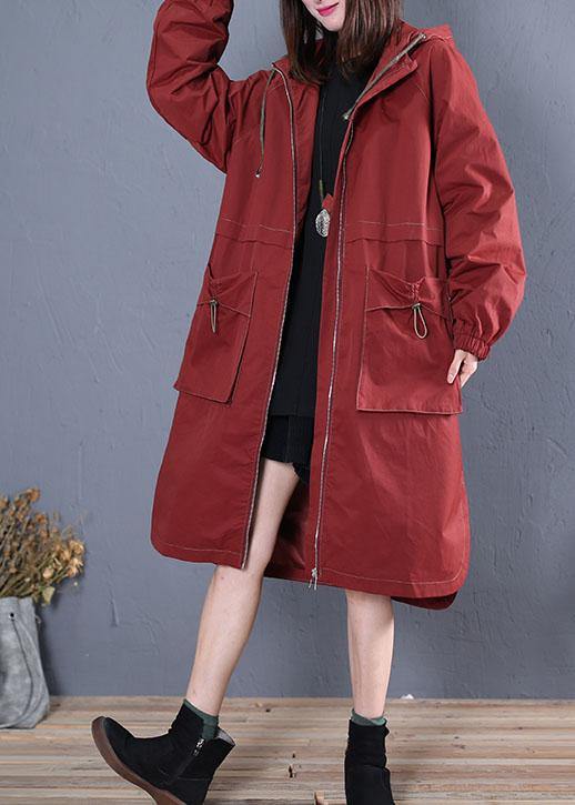 Loose Fitting Long Jackets Fall Jacket Red Side Open Hooded Coat