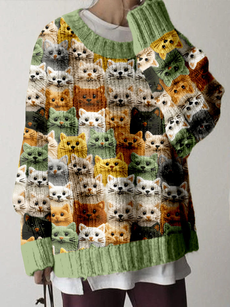 Colorful Cute Cats Pattern Cozy Knit Sweater elevenforest