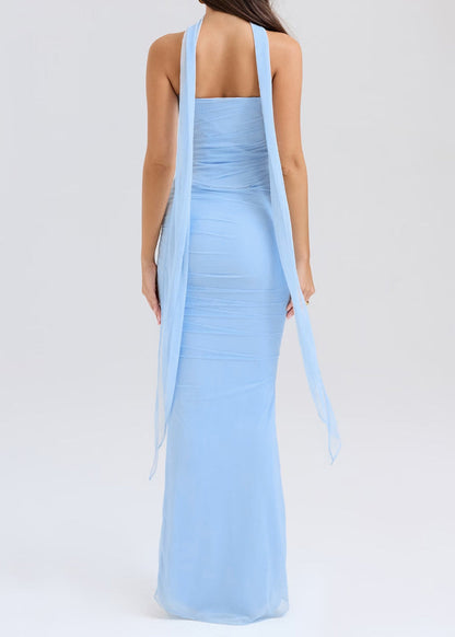 Sky Blue Cold Shoulder Tulle Strapless Wraped Dress Summer