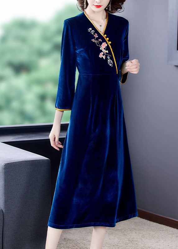 Dark Blue V Neck Embroidered Silk Velour Holiday Dress Long Sleeve