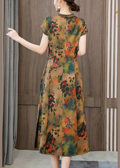 Green Print Silk Cheongsam Dresses Embroidered Slim Fit Summer