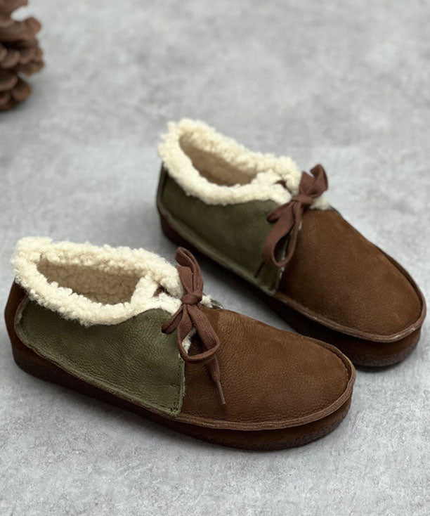 Coffee Flat Shoes for Lace Up Fuzzy Wool Lined Flat Shoes for