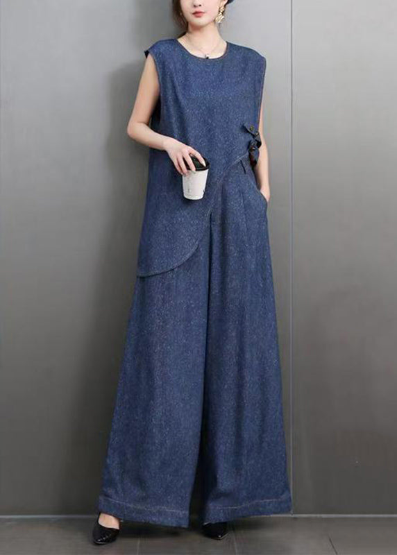 Blue O-neck Navy Asymmetrical Denim Top and Wide Leg Pants Two Pieces Set Summer