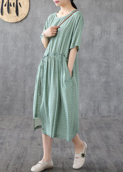 Green Print Linen Dresses O Neck Asymmetric Loose Summer Dress