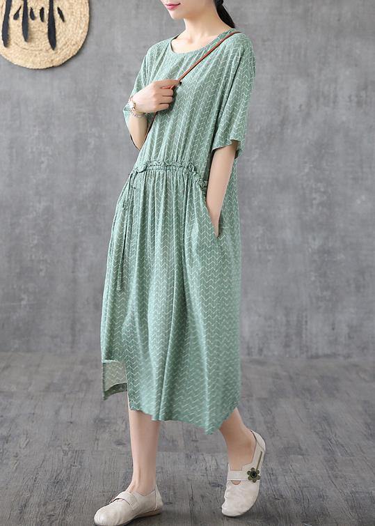Green Print Linen Dresses O Neck Asymmetric Loose Summer Dress