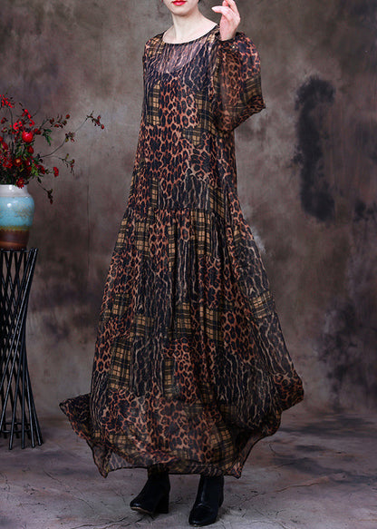 Organic Coffee O-neck Print Maxi Dress and Suspenders Two Pieces Set Fall