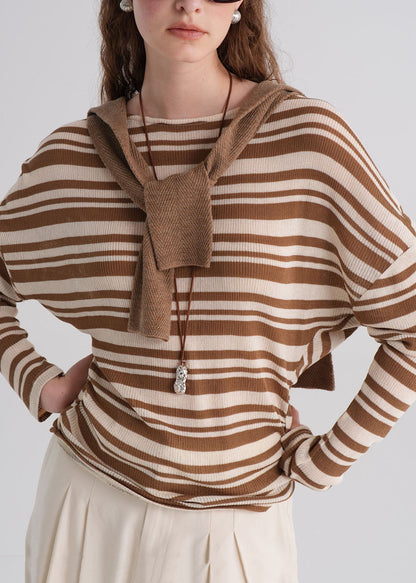 Brown O Neck Striped Knit Blouse Top Fall