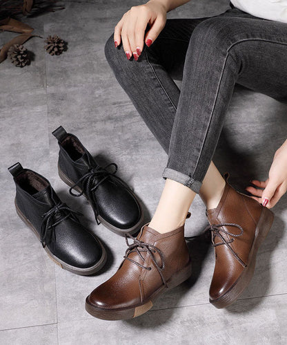 Chocolate Cowhide Leather Warm Fleece Boots Lace Up Shelsea Boots
