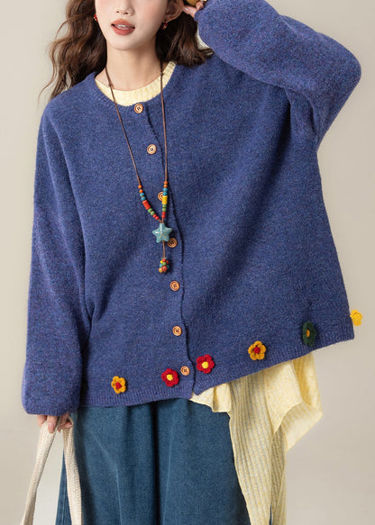 Art Blue O Neck Button Knit Coat Spring