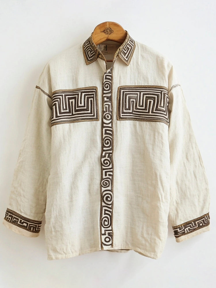 Greek Vintage Pattern Men's Linen Long Sleeve Shirt elevenforest