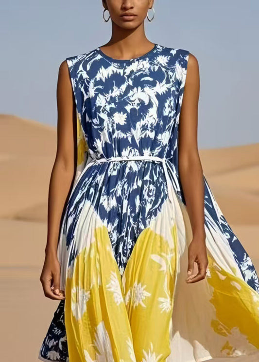 Colorblock Cinched Print Cotton Maxi Dress Sleeveless