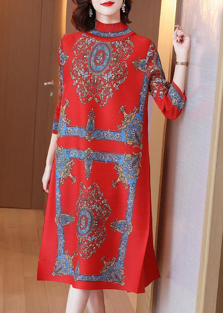 Red Stand Collar Wrinkled Print Silk Long Dresses Vestidos Bracelet Sleeve