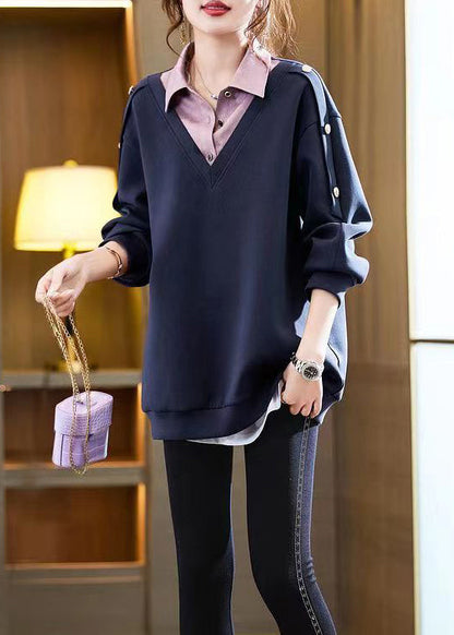Navy Button Patchwork False Two Pieces Cotton Top Long Sleeve