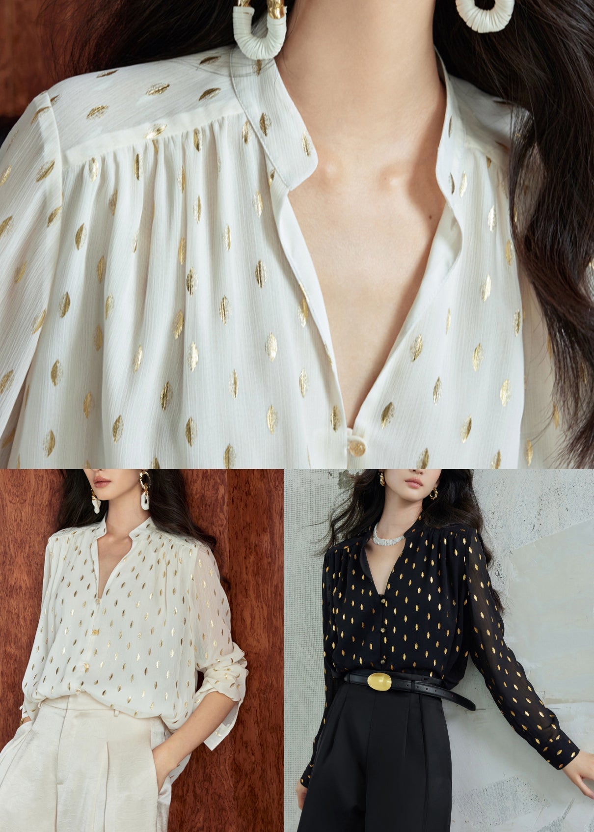 Loose Beige Stand Collar Print Chiffon Shirts Fall