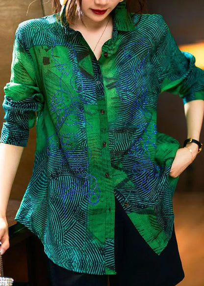 Green Peter Pan Collar Print Patchwork Cotton Shirts Long Sleeve