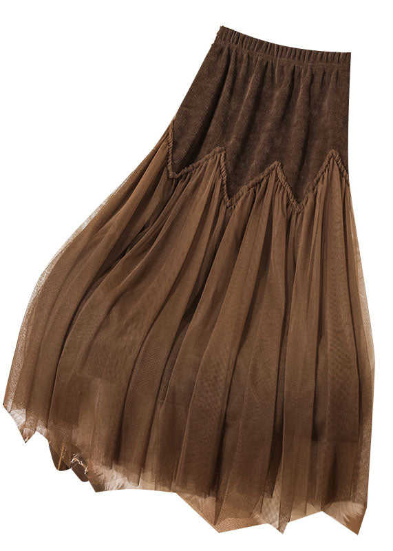 Coffee High Waist Patchwork Corduroy Wrinkled Tulle Skirt Spring